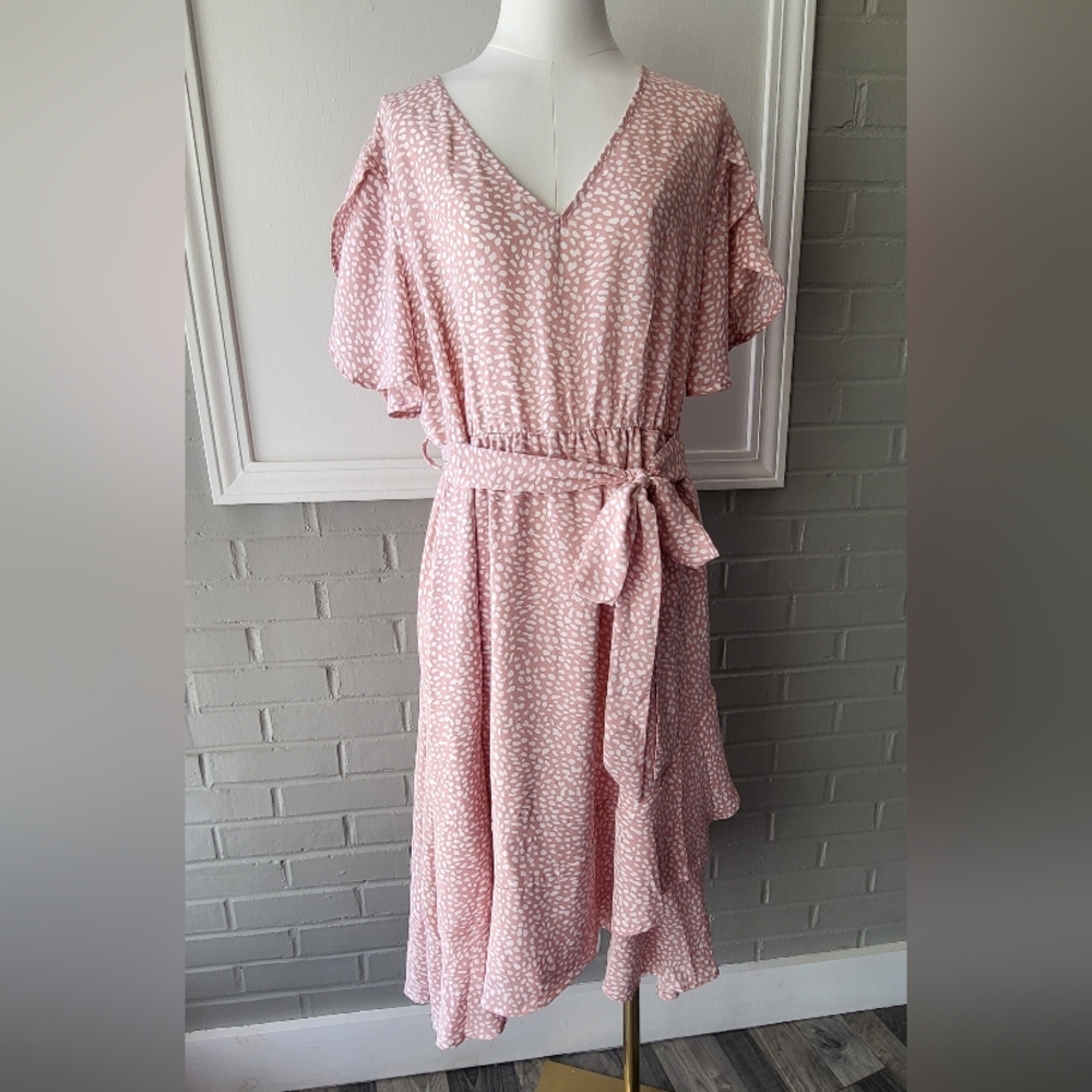 Plus Pink Polka Dot V- Neck Tulip Sleeve Ruched Belted Midi Dress